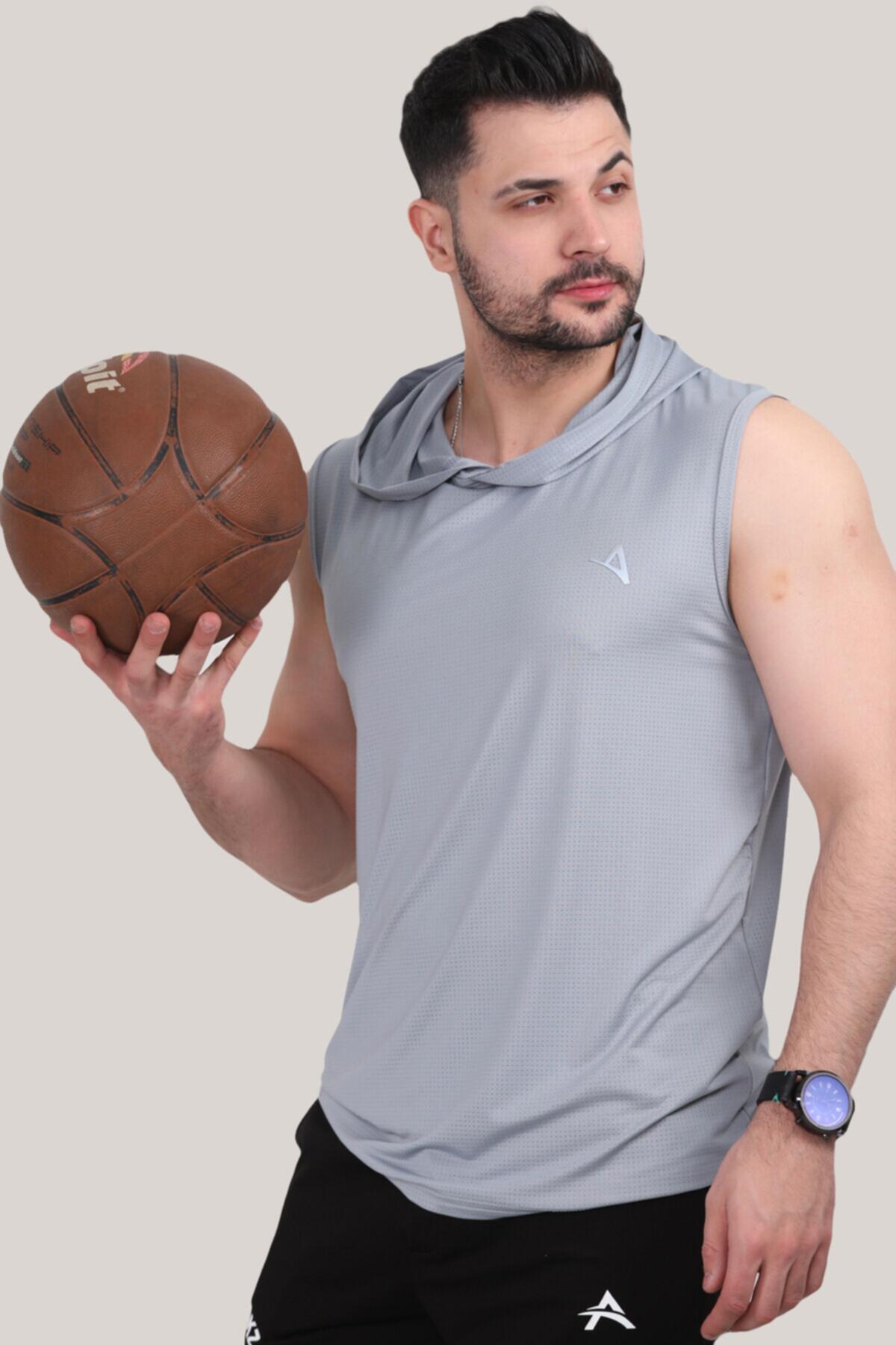 

Мужская футболка без рукавов с капюшоном M серый