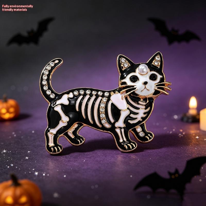 Baroque Halloween Skeleton Cat Dripping Oil Brooch Animal Themed Brooches Pins For Men Women Festive Party Accessories Gift