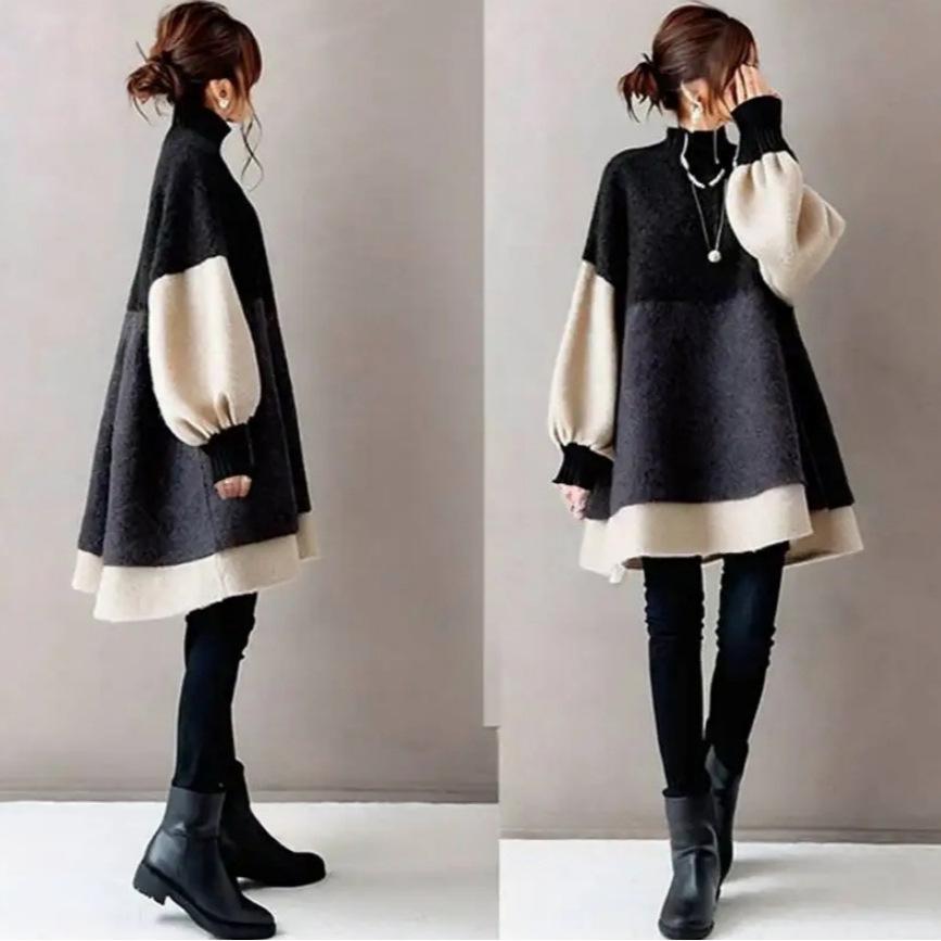 2025 Damen Patchwork Fledermausärmel Midi-Kleid Japanisch-Koreanisch