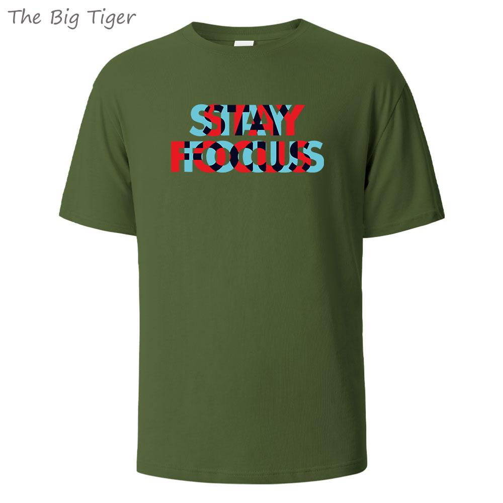 Stay Focus Painting Soft Cotton Tshirt For Men Breathable Fabric Relaxed Fit Crew Neck Simple Basic Mens Tshirt Fashion Tops