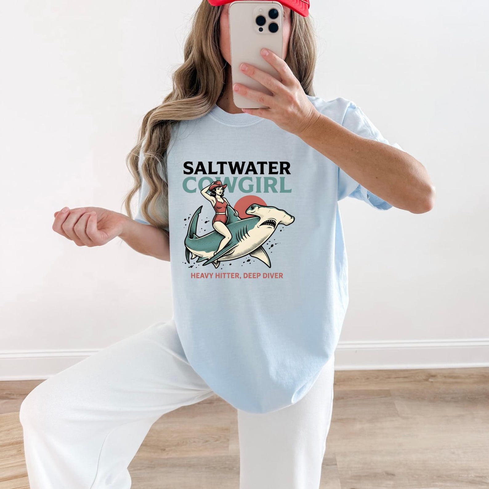 Saltwater Cowgirl T-Shirt, Funny Cowgirl Riding Hammerhead Shark Tee, Beach Coastal Western Gift Top XL