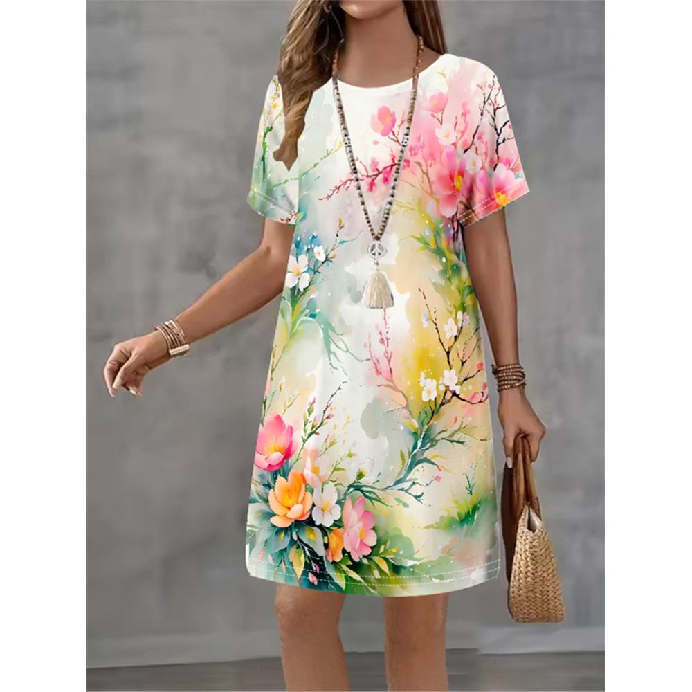 Women s Summer Flower Printed Short Sleeve Round Neck Dress 2026 Fashion New Style Design Sense Elegant Women s Mini Dress S