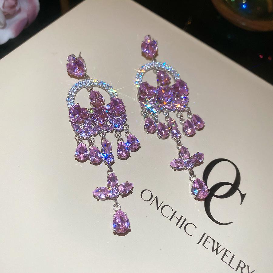 Silver Needle Pink Butterfly Zircon Cutout Stud Earrings - High-End Luxury Fashion Jewelry