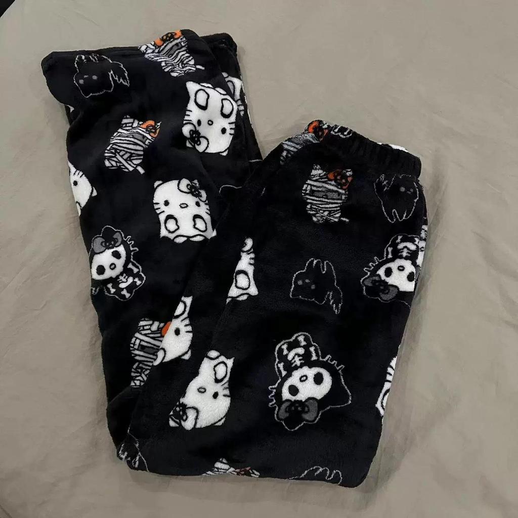 Damen Hello Kitty Halloween Flanell Schlafhose - Dick, gemütlich und mit Samt gefüttert für Herbst und Winter