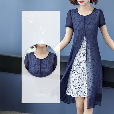 Damen Netz-Fake-Zweiteiler-Kleid Lässiges Midi-Kleid mit kurzen Ärmeln und Rundhalsausschnitt Formelles Kleid für die Mutter der Braut