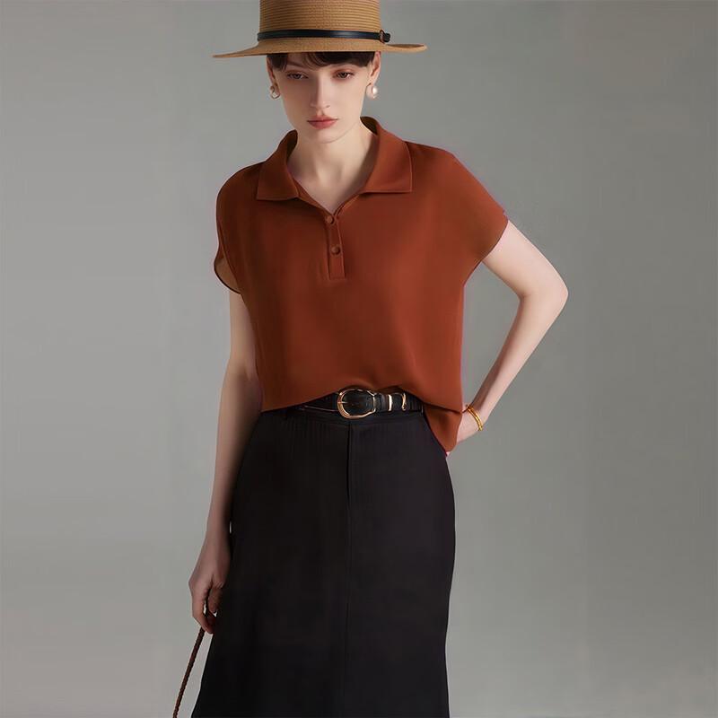 Women s 100% Mulberry Silk Crepe Polo Shirt M светло-коричневого