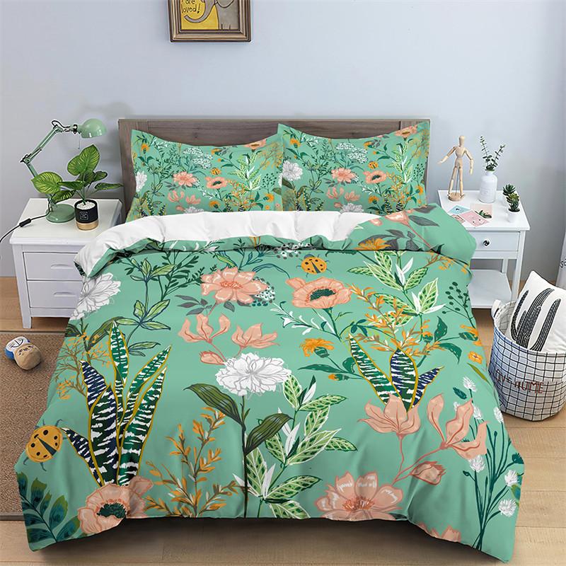 Floral Duvet Cover Queen,Green Botanical Duvet Cover Set,Garden Flower Leaves Branch Duvet Cover Soft Breathable Comforter Cover