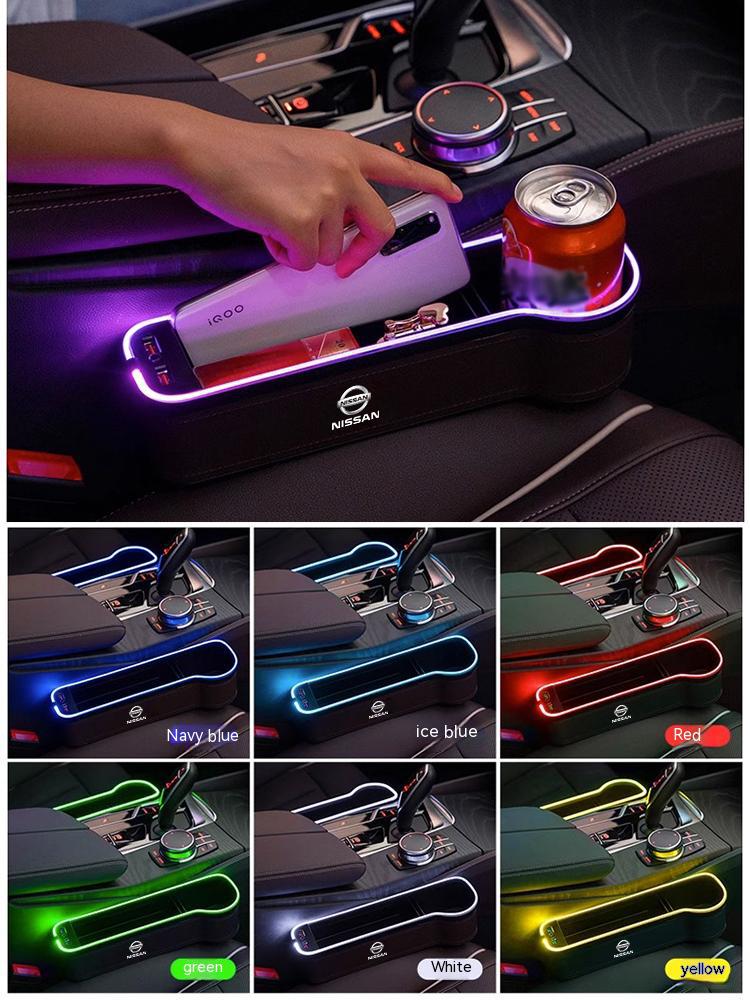 AUK2 Car USB Charging Colour Light Seat Gap Storage Box For Nissan X-Trail Qashqai Sentra Serena Tiida Teana Juke Leaf Micra Almera