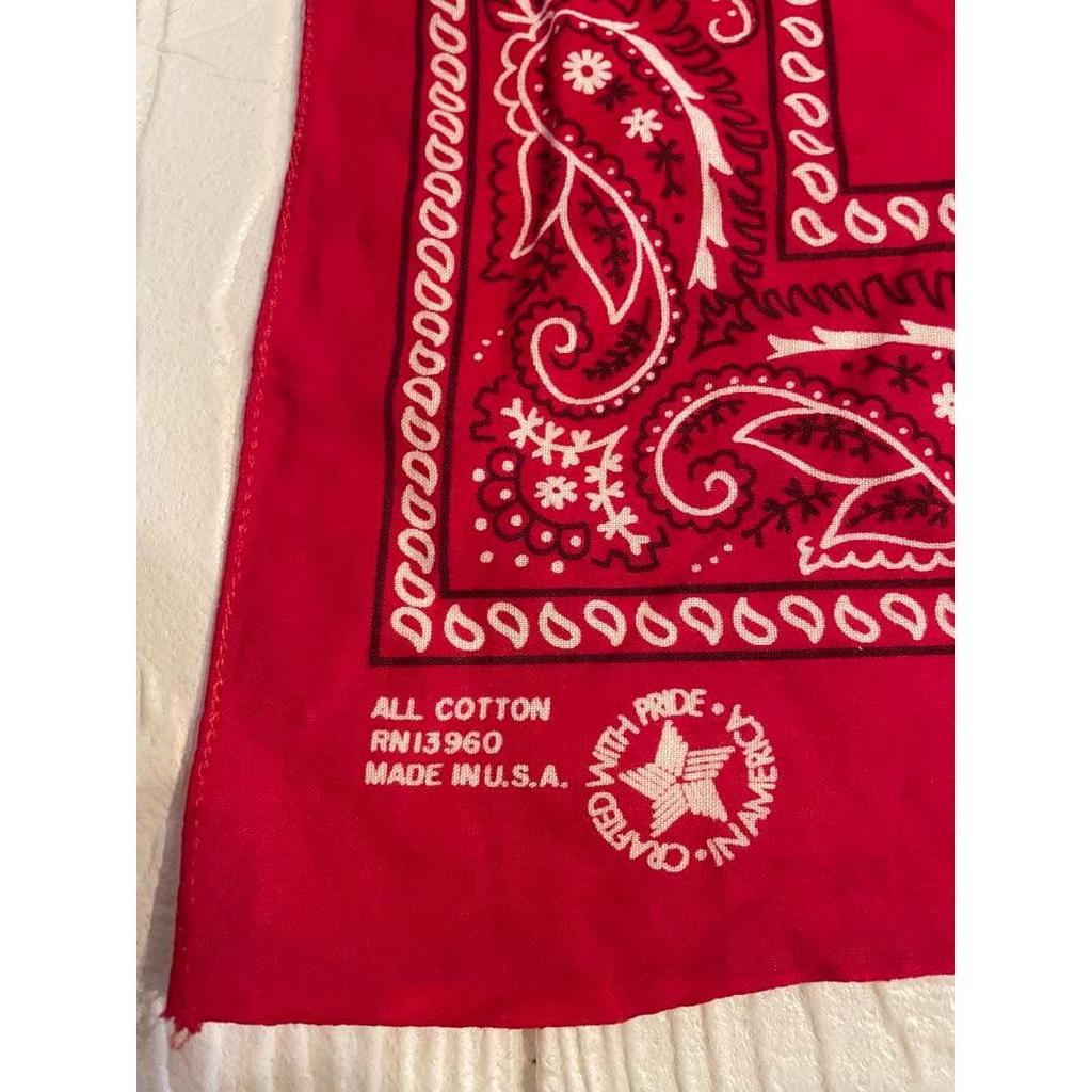 Used 80s USA-made bandana, red, paisley, with concho and studs, made in America
