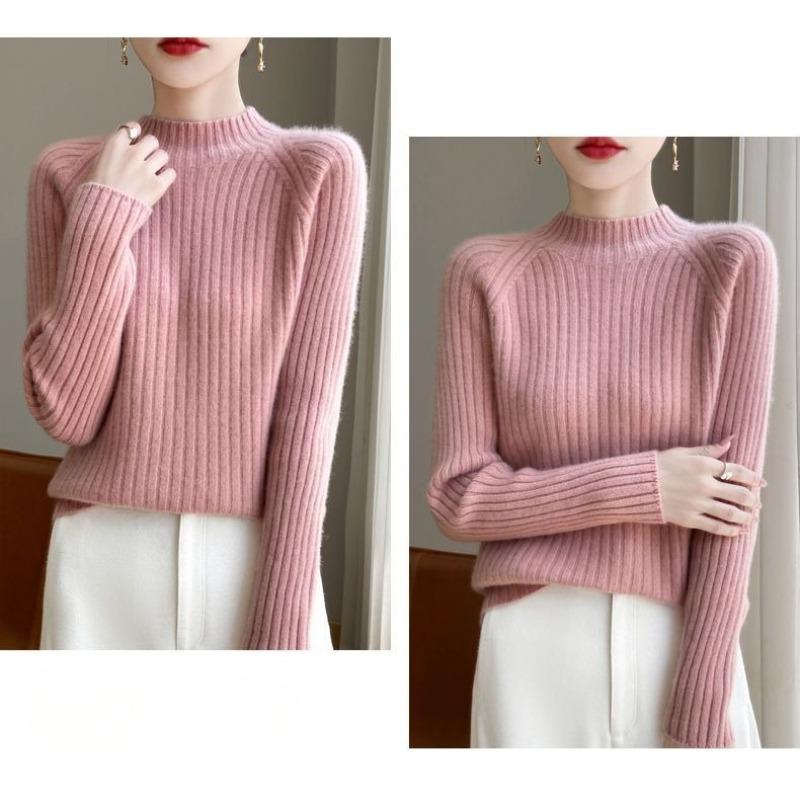Autumn Winter Women Knitwear Slim Fit Semi High Neck Pure Color Loose Short Knitted Sweater Base Layer