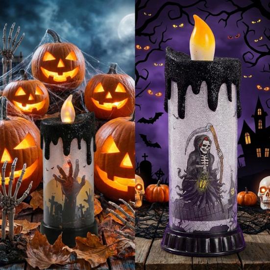 Electronic Candle Light, Fun Halloween Spooky LED Candle, 3-Color Flickering Realistic Flame Safe Battery Light for Party Decor Desktop Ornament