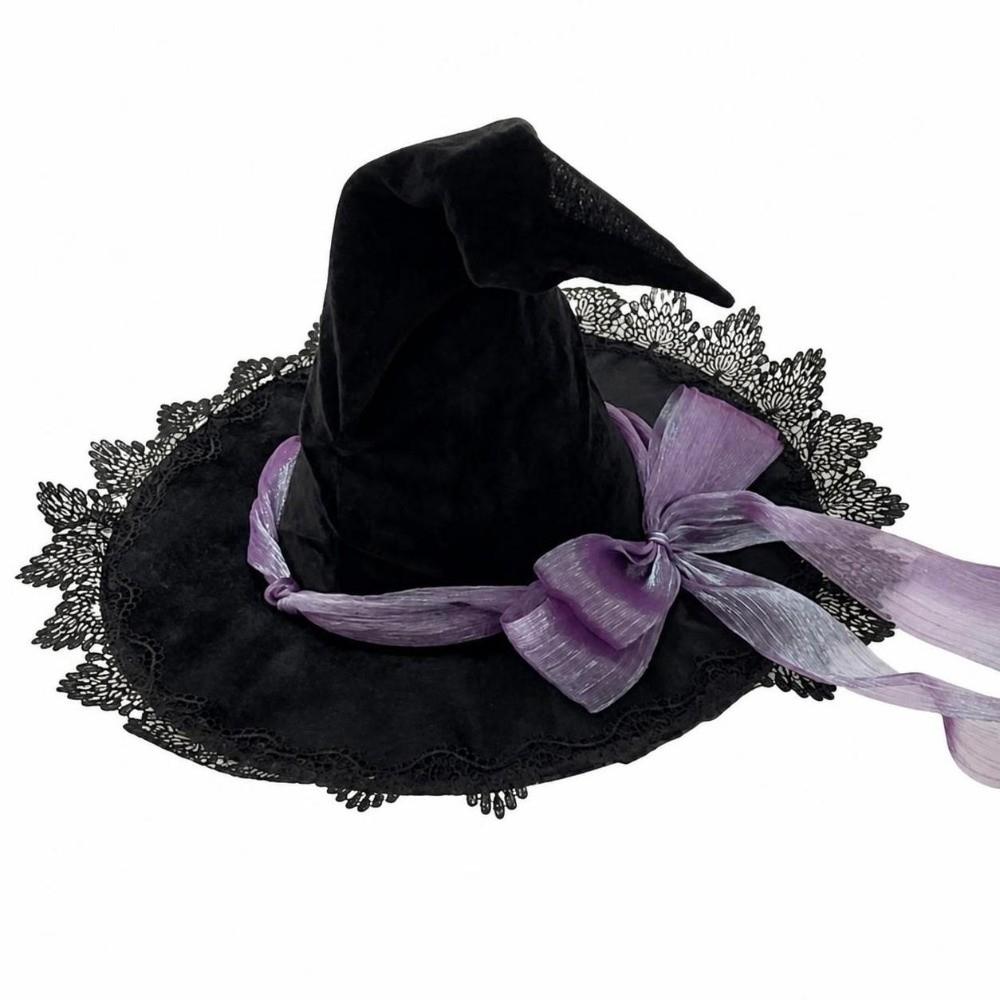 Vintage Lace Trim Witch Pointed Hat Adult Size Bandage Bow Wizard Hat Cosplay Costume Lolita Bucket Hat Halloween Party