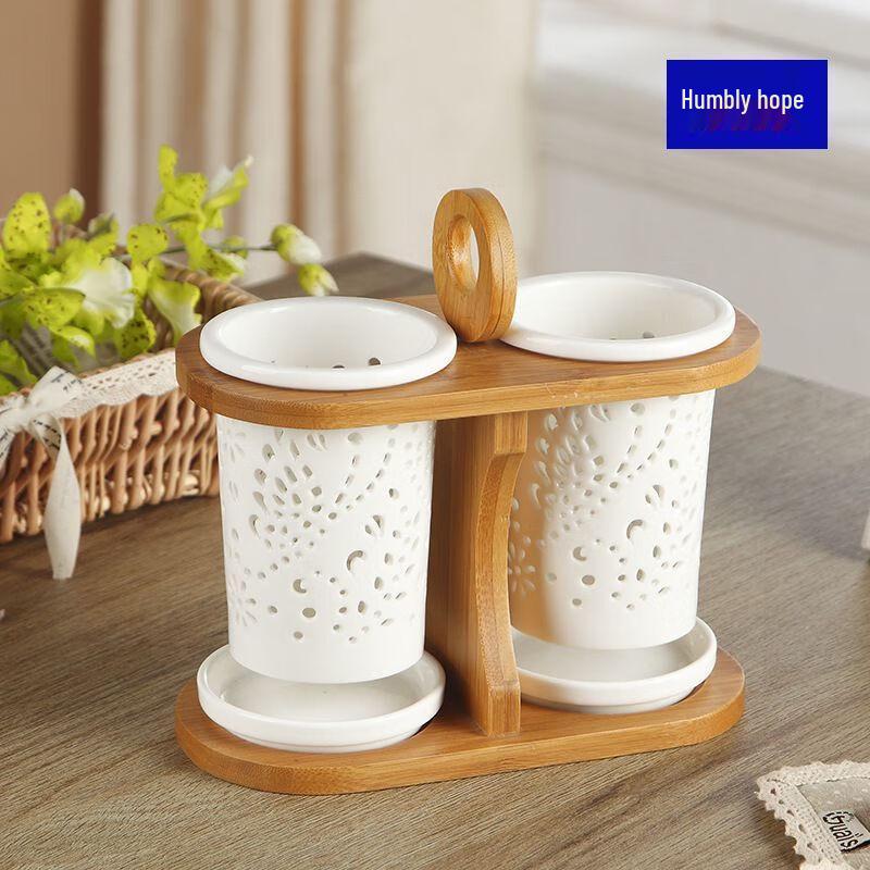Qianxing Draining Ceramic Chopstick Holders with Bamboo Rack
