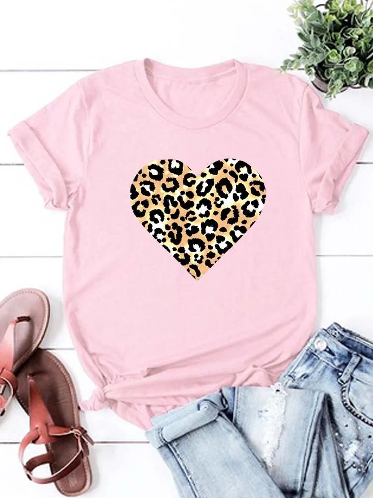 Funny Leopard Heart Print T Shirt for Women Clothing Casual Short Sleeves T-shirt Fashion Streetwear Crew Neck Female Shirts