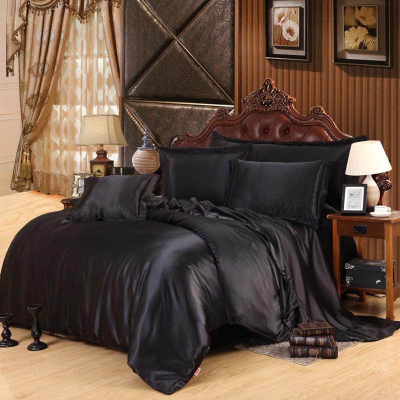 Red Wedding Four-Piece Set: Imitation Mulberry Silk Duvet Cover and Bed Sheet in Solid Color, Double Size, Faux Tencel Tribute Satin.