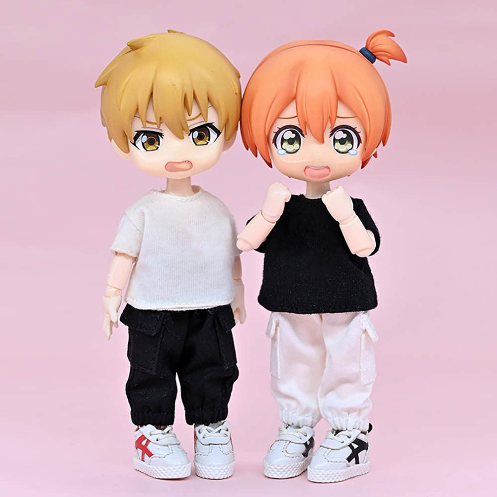 Niannyyhouse OB11 Size Obitsu Doll for 11cm Body Pants Set Plain Doll Clothes Overalls Doll Clothes T-shirt + 2-piece T-shirt 1/12BJD (black+white)