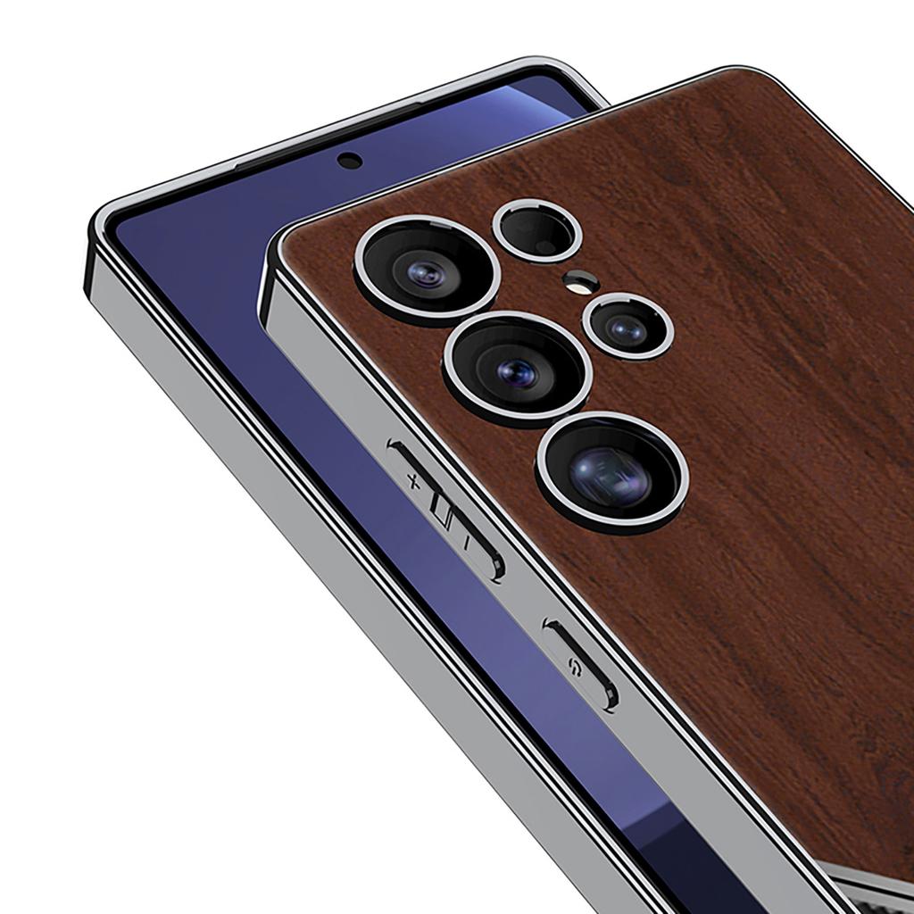 Samsung S25ultra Mobile Phone Case Wood Grain Electroplating Plain Leather S24ultra Fine Hole Full Inclusive Anti Fall Protection Case