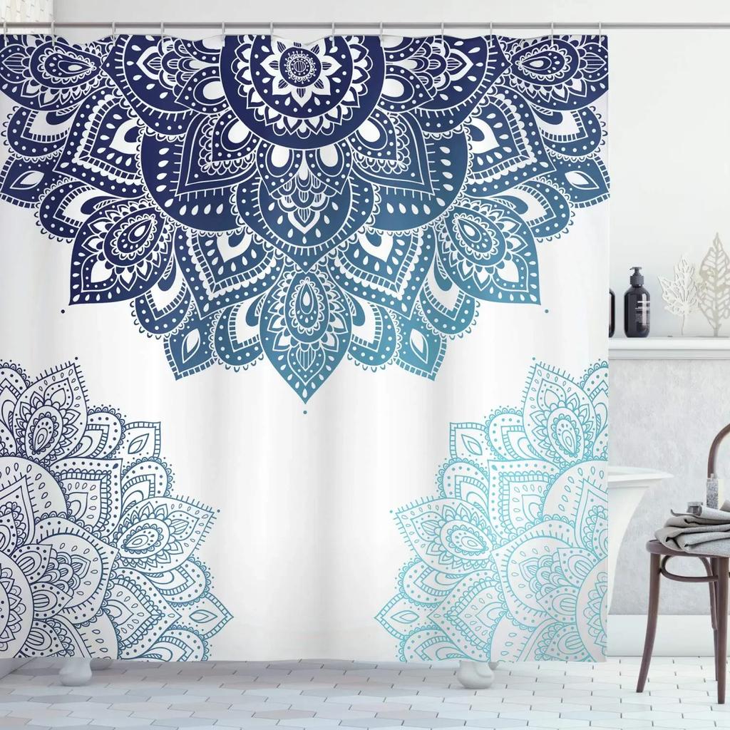 Bohemian 3D Shower Curtain, Indian Mandala Flower Green Blue Chic Color Modern Pattern Bathroom Fabric Home Decor Shower Curtain