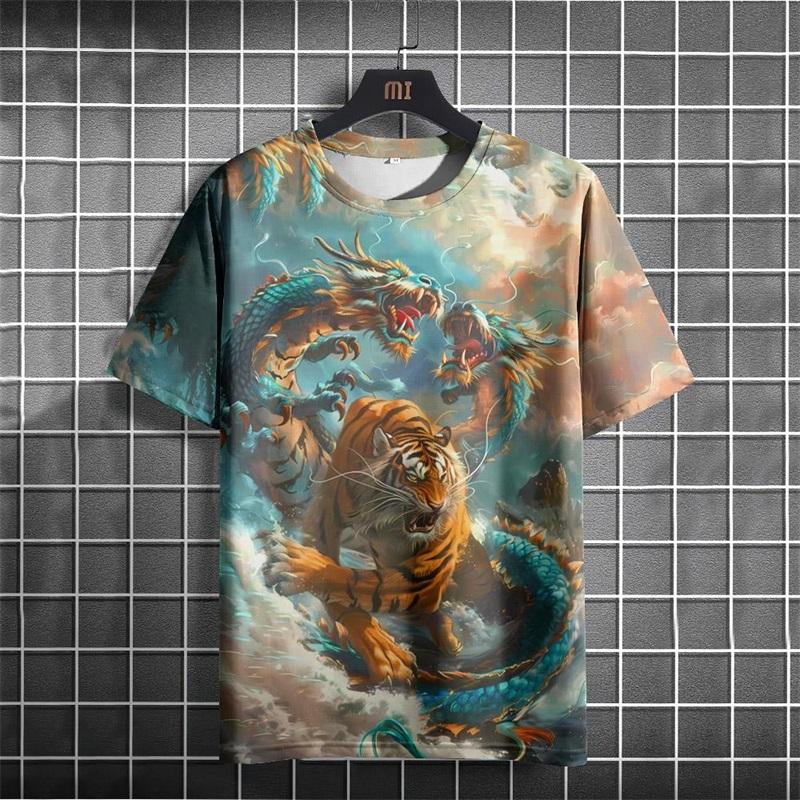 Full Print Animal Dragon Tiger Graphic T Shirt For Men Summer Short Sleeve Oversized Tshirts Tops 3d Print Men's T-Shirts