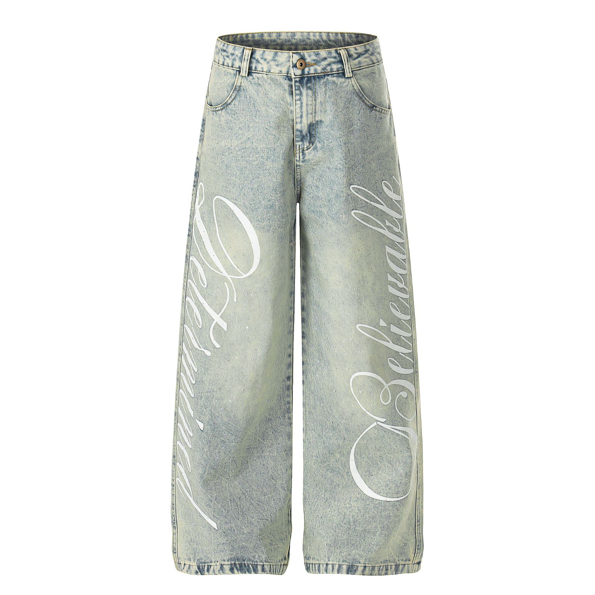 Trendy brand new American vibe pants retro washed jeans men s personality wide-leg trousers S