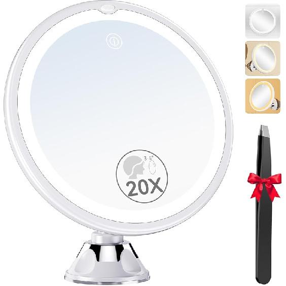 Auxmir 2025 Upgraded 20X Magnifying Mirror with Light, Makeup Mirror with 2-Level Lights, Vanity Mirror with Power Suction Cup and Tweezers, 360°