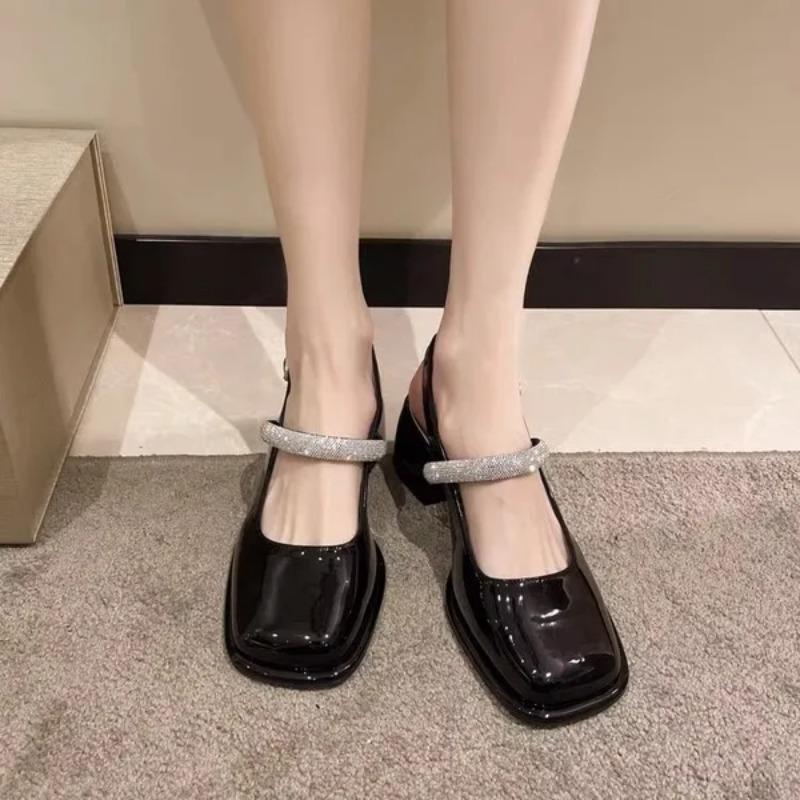 Jane Sandalen Elastikband Schuhe Geschlossene Zehe 2024 Damen Anzug Weiblich Beige Riemchenabsätze Slipper Neu Quadratisch Mode Schwarz