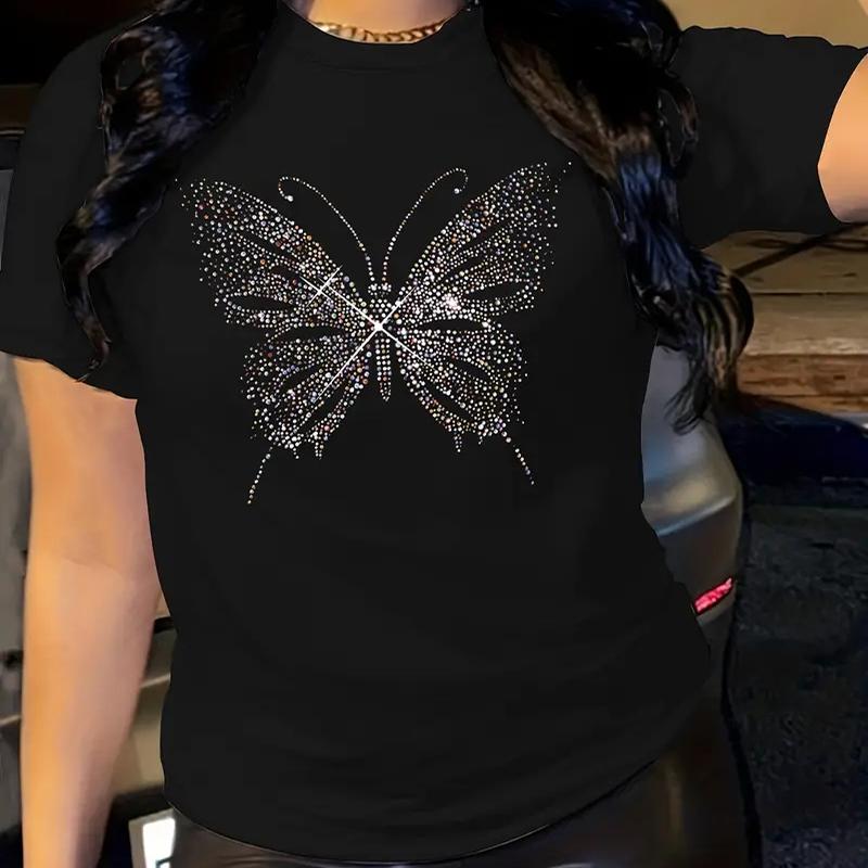 Women Summer T Shirt  Print Butterfly Diamond Short Sleeve Tees Casual   Printed  Tops