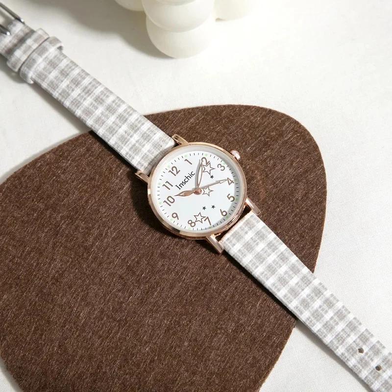 Trendy Ins Style Women's Watch Simple Grid Pattern Casual Quartz Wristwatch Fresh Style Ideal for Junior High School Students