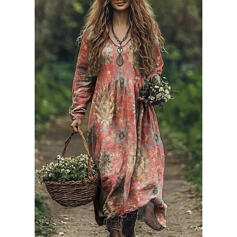 TIFICY Vestidos casuales holgados con escote en V y manga larga con estampado de flores para primavera y otoño para mujer