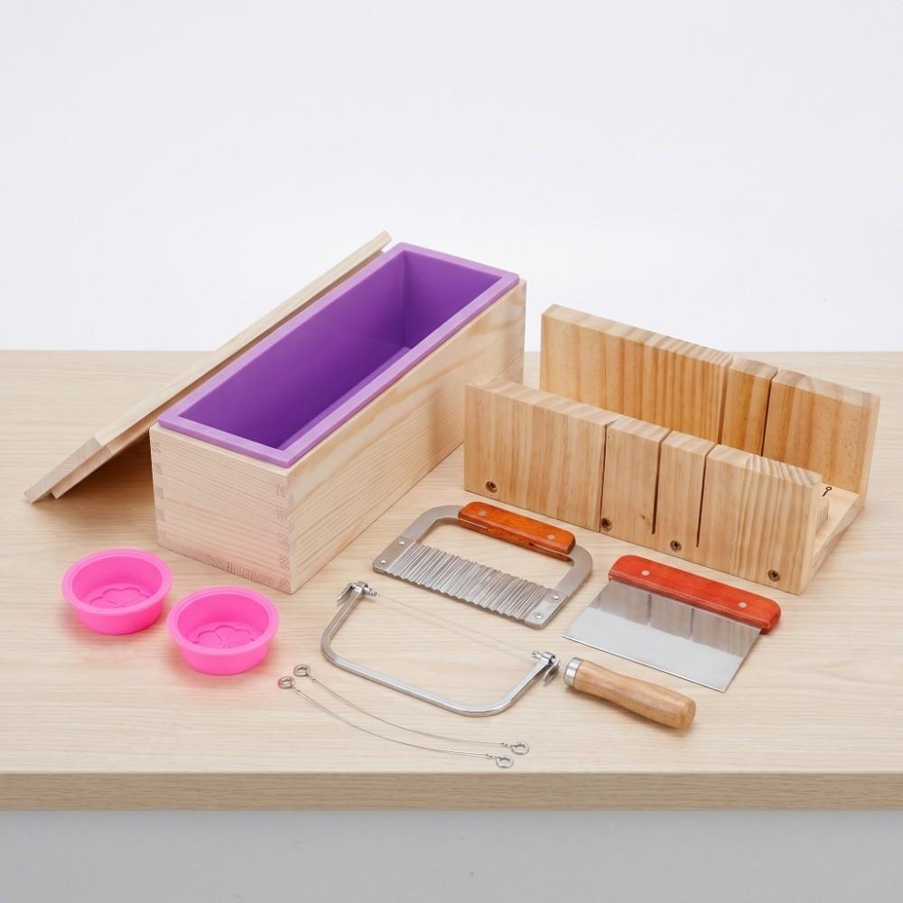 9pcs Wood Handle Soap Cutter Kit Straight Cutting Silicone Wooden Loaf Mold Reusable Wavy Cutting Soap Mold Set Bar Cutting