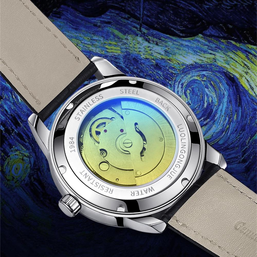 Mode Luxus Leder Automatik Leuchtende Sportuhr Herren Mondphase Sternenhimmel Kunst Zifferblatt Design Mechanische Uhr