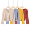 V-neck New Knitted Cardigan Casual Women's Sweater Early Autumn Korean Version Loose Slim Fit Long Sleeved Jacket Short Solid Color Elegant Clothing