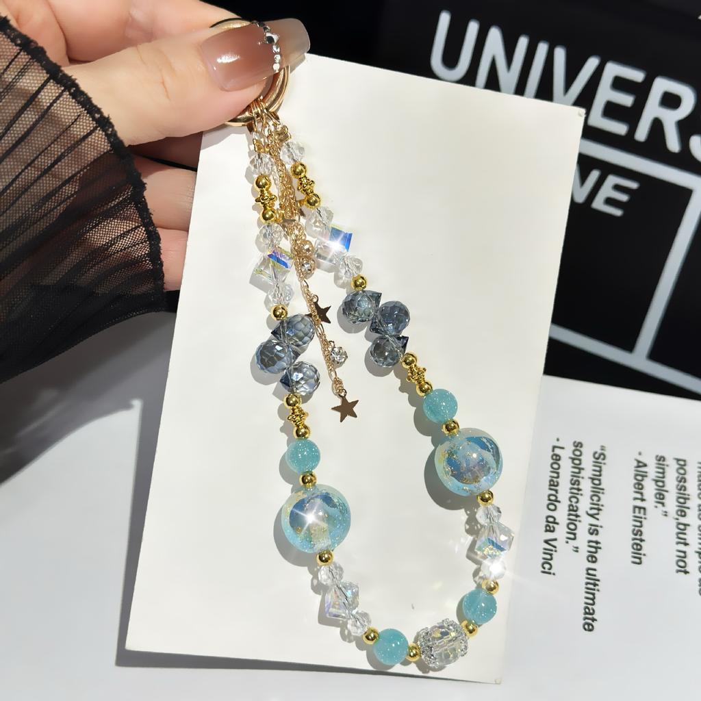 For Light Luxury Crystal Mobile Phone Chain Beaded Short Wrist Chain Fashion Butterfly Pendant Gold Leaf Hand-Made Lanyard