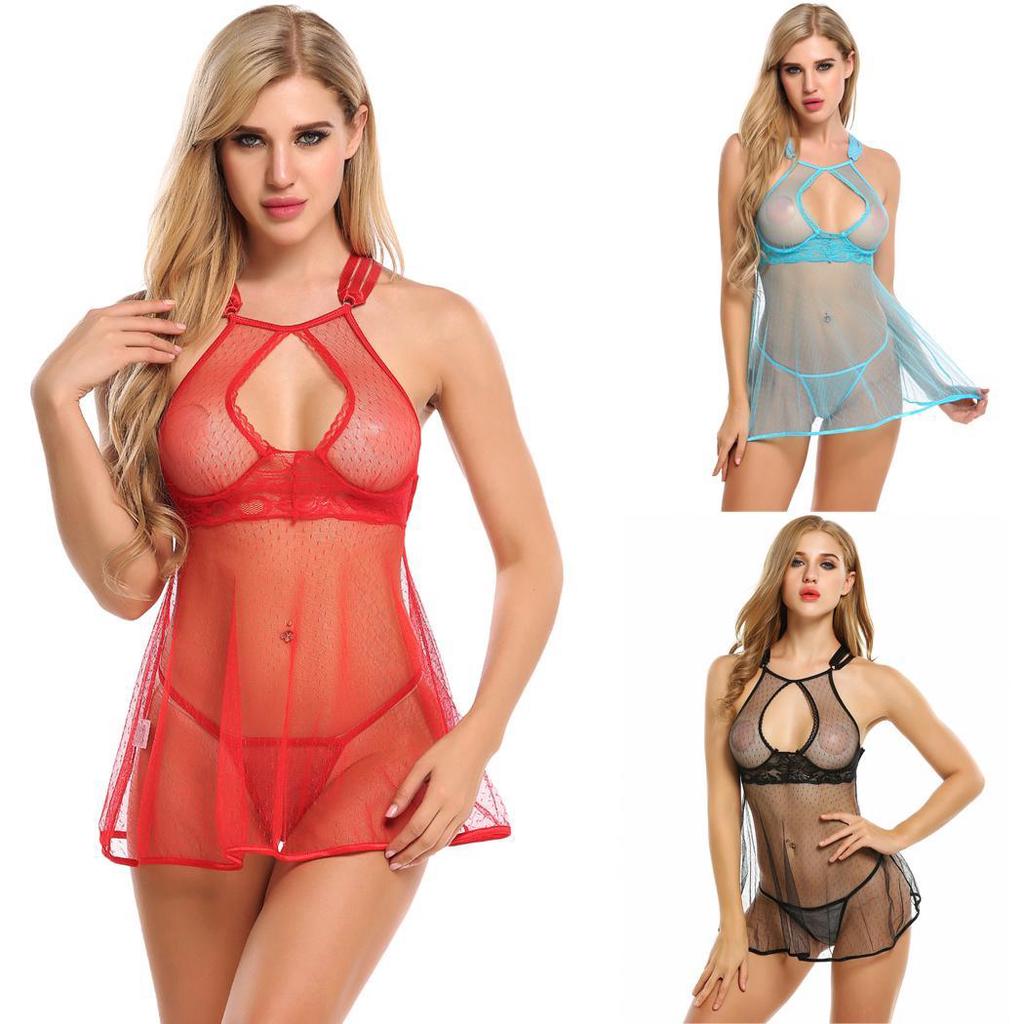 Women Sexy Lingerie Dress Babydoll Halter Underwired Open Back Sleepwear Nightwear with G-string
