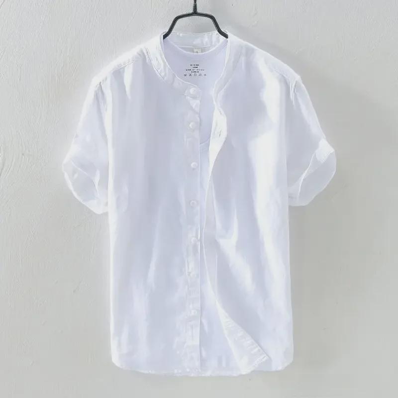 Men's Summer Casual Cotton-Linen Short Sleeve Stand Collar Shirt - Dark Blue Retro Chinese Style