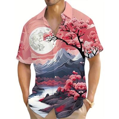 Sommermode Herren Kurzarmhemd mit japanischem Berg Fuji Blumen-Kirschblüten-Print Lässige Straßenkleidung mit übergroßen Oberteilen für Männer