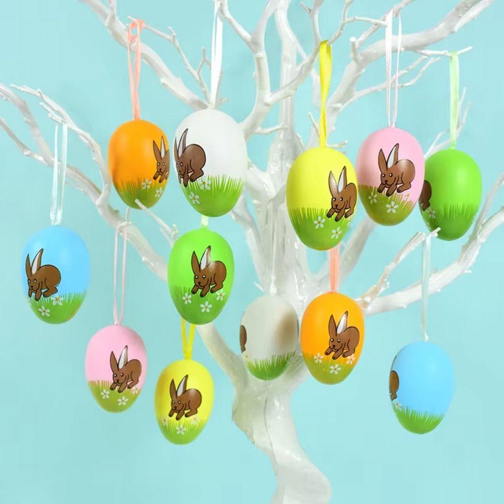 12Pcs/Set Cartoon Easter Hand Painted Egg DIY Craft Hand Painted Easter Simulation Egg Vibrant Color Decorative