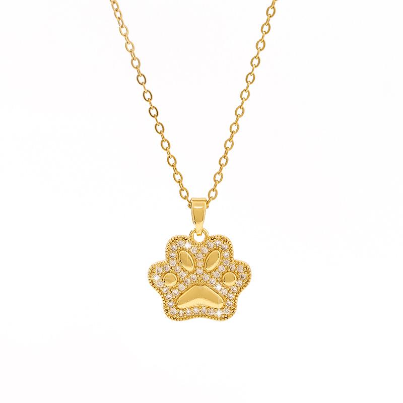 Fresh Sweet Cat Paw Pendant Necklace with Zircon Inlay, Stainless Steel Fashion Jewelry