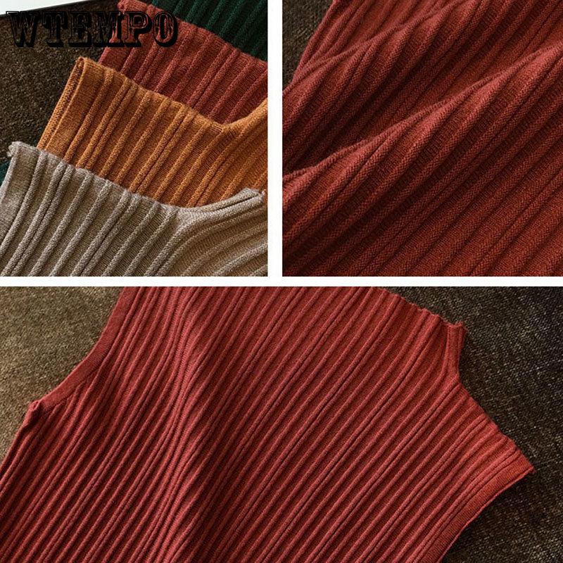 WTEMPO Solid Slim Thin Knitted Vests Women Spring Solid Half High Collar Shirts Female Elegant Casual Sleeveless Tops