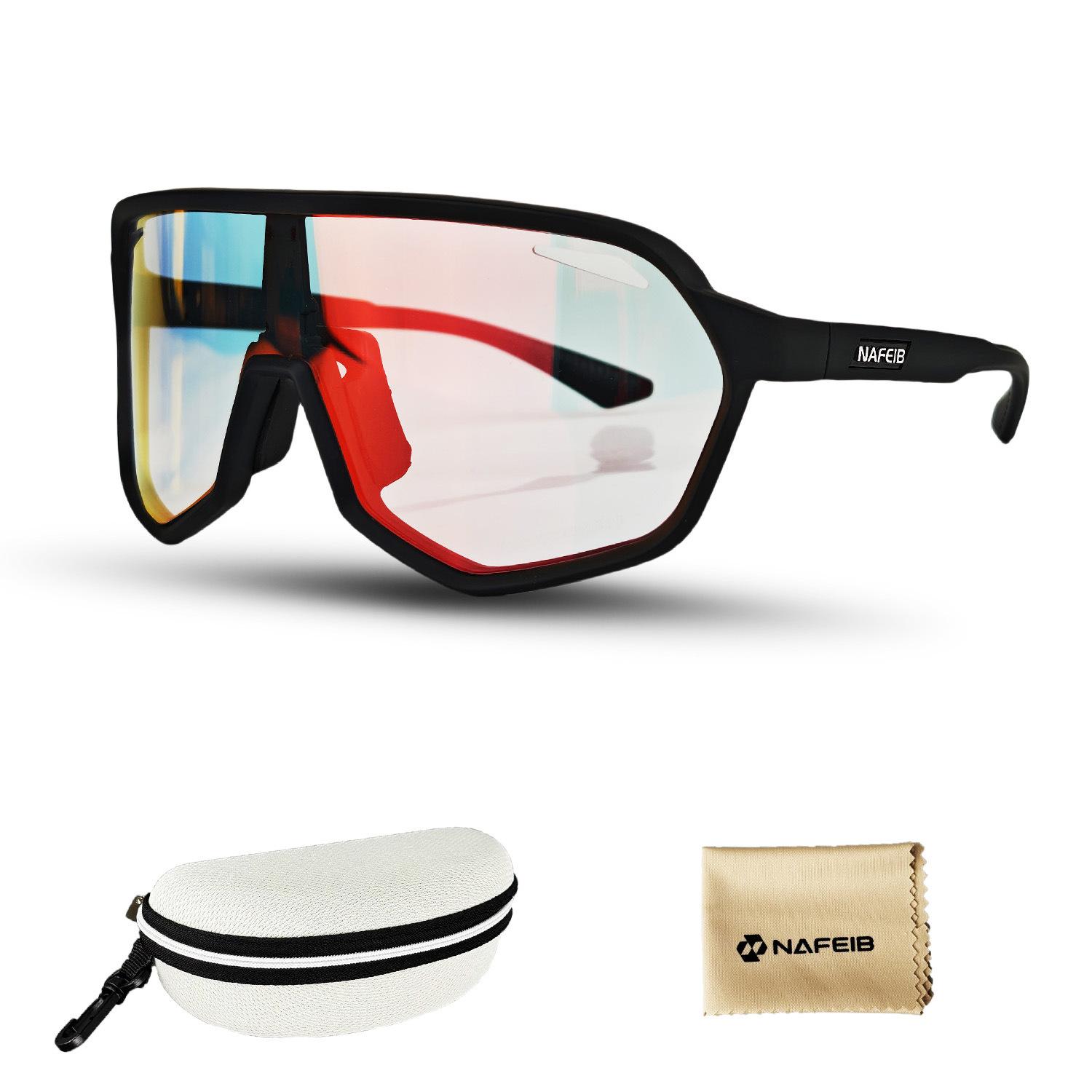 Cycling glasses set, color-changing day and night, prescription road bike windproof goggles, color-changing goggles Black and Red+Cloth/White