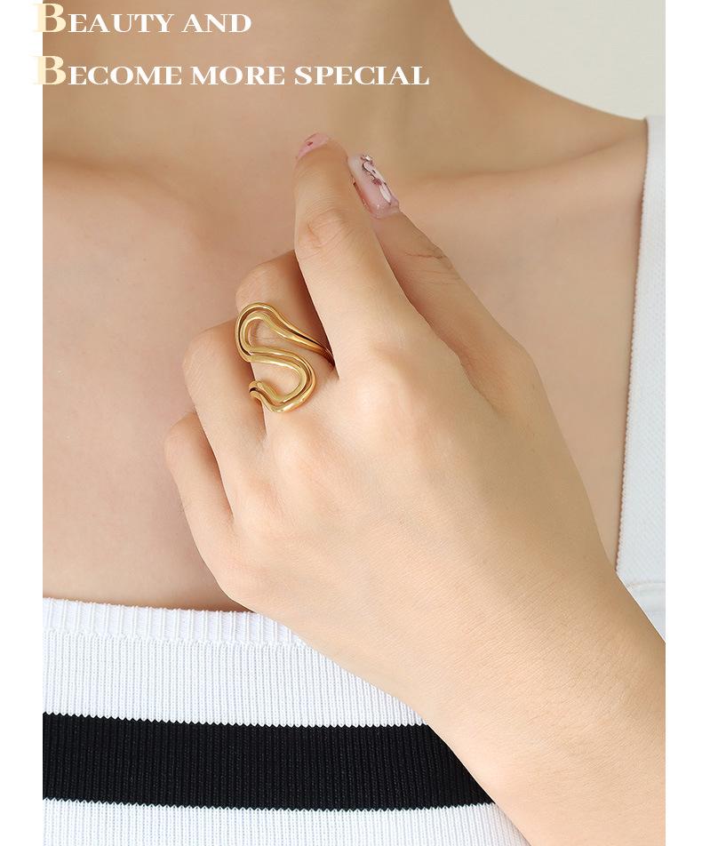 Elegant Handmade S-Shaped Open Ring for Women, Titanium Steel with 18K Gold Plating – Trendy European & American Autumn/Winter Style