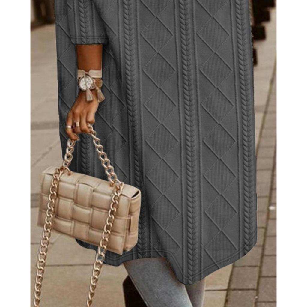 Dámský ležérní dlouhý kardigan s kapucí a kapsami - béžový, kulatý výstřih, dlouhý rukáv, podzimní/zimní móda, vrstvení, mikina svetr