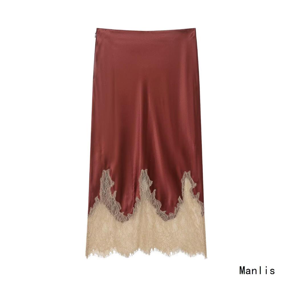 Z European Style 2025 Color Block Lace Silk Satin Skirt