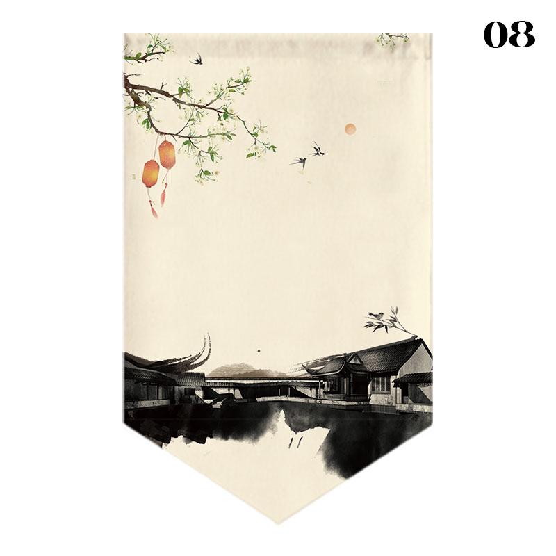 Chinese Landscape Painting Short Curtain Restaurant Cafe Decor Noren Home Window Decor Hanging Half Curtain Kitchen Partition