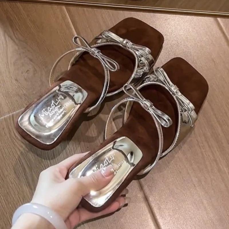 Slipper Mules Low High Heels Shoes Summer Best Street Look Females Square Head Open Toe Bow Strappy Sandals Women