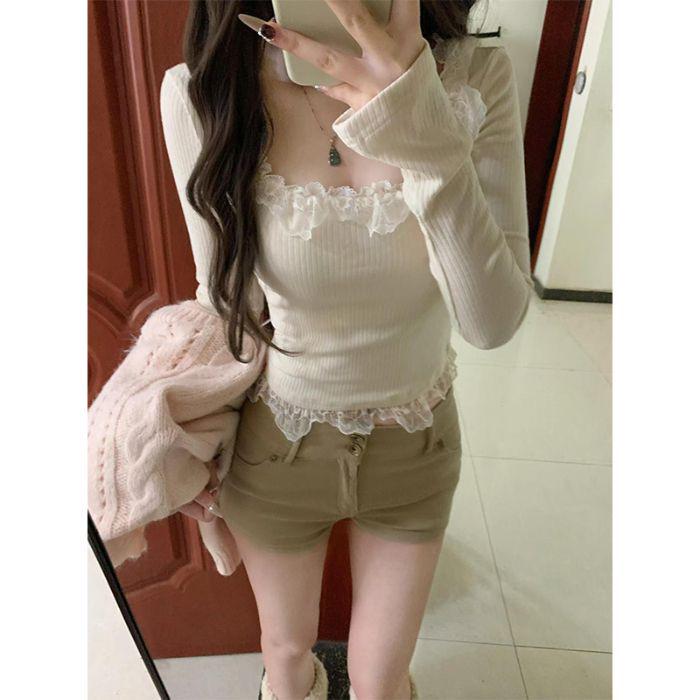 Pure Desire Women s Lace Square Neck Long-Sleeve Base Layer Top - Autumn/Winter 2025 M абрикосовый