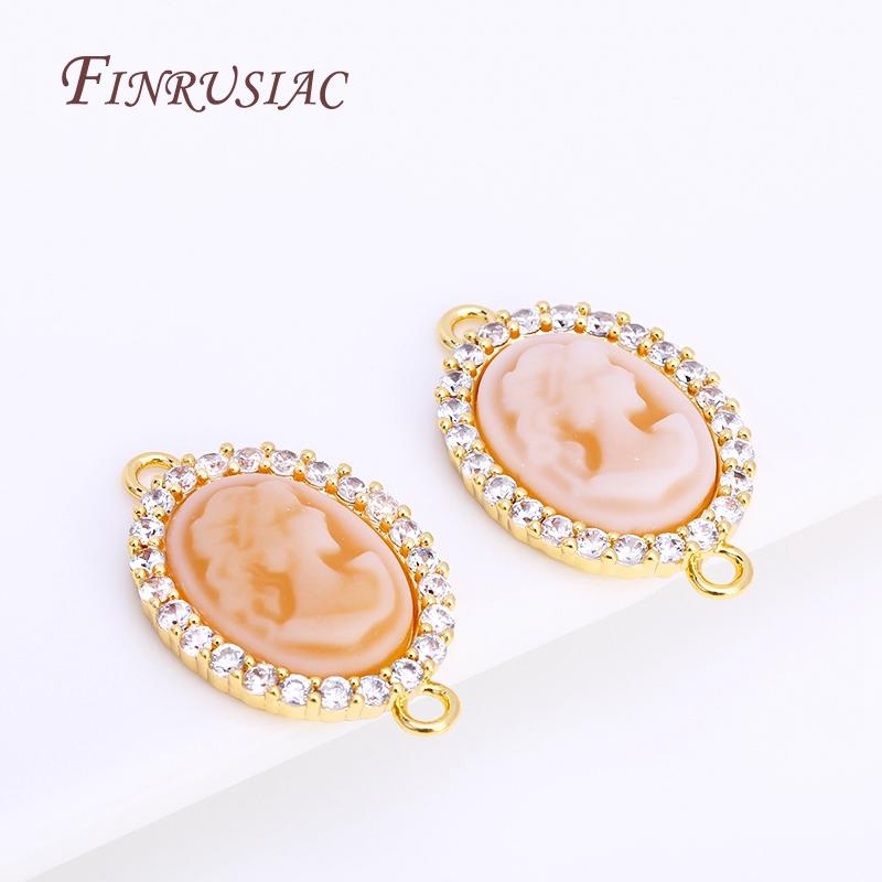 3 Colors Inlaid Zircon Oval Cameo Pendants For Necklace Making,18K Real Gold Plated Connector Charm For DIY Bracelet Material