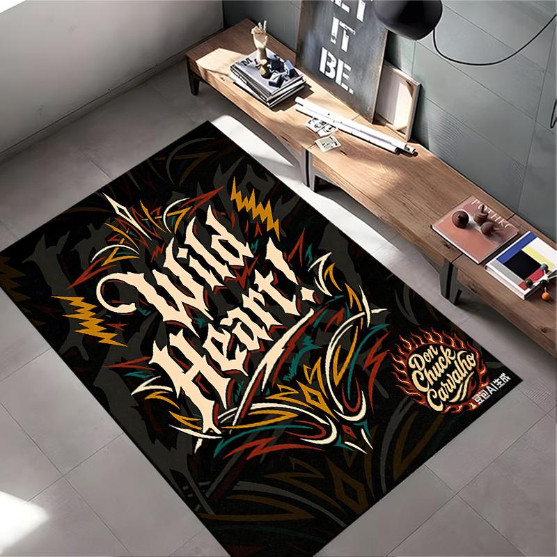"Wild Heart Black Carpet with Artistic Text and Vibrant Patterns Design" Suitable for use as an anti-slip for living room bedroom sofas