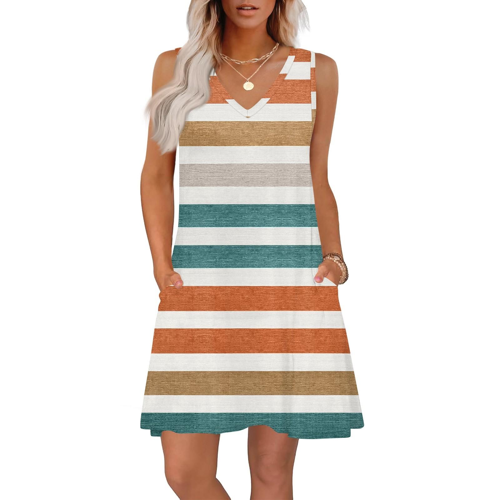 

Жіночі літні сукні вільного крою з принтом, V-подібним вирізом, без рукавів, сарафани, пляжна гавайська сукня з кишенями L коричневий