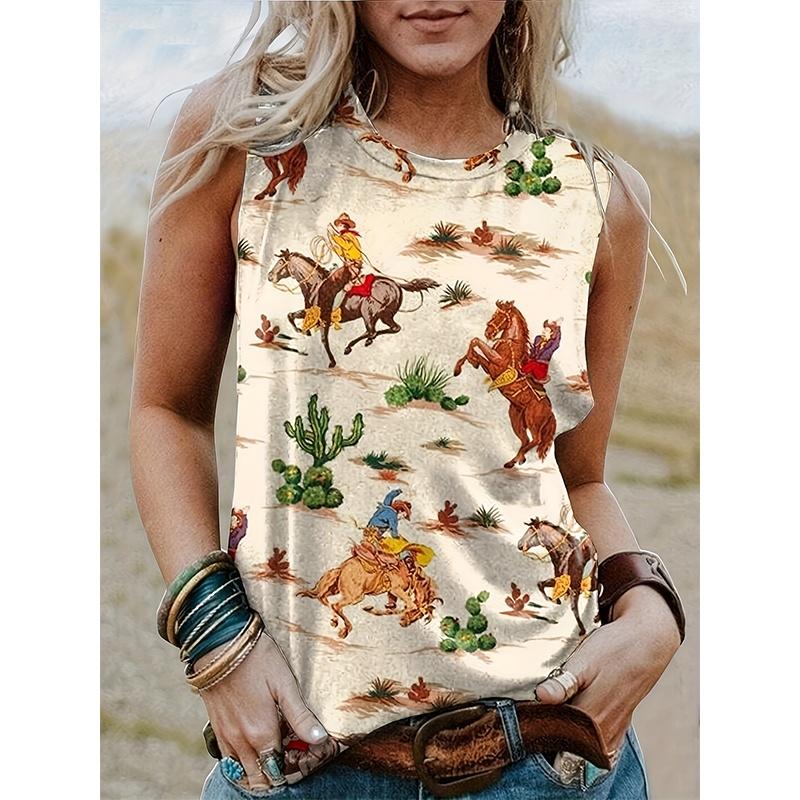 Lady Western-style printed short-sleeved T-shirt, Western style, sleeveless round-neck women's T-shirt